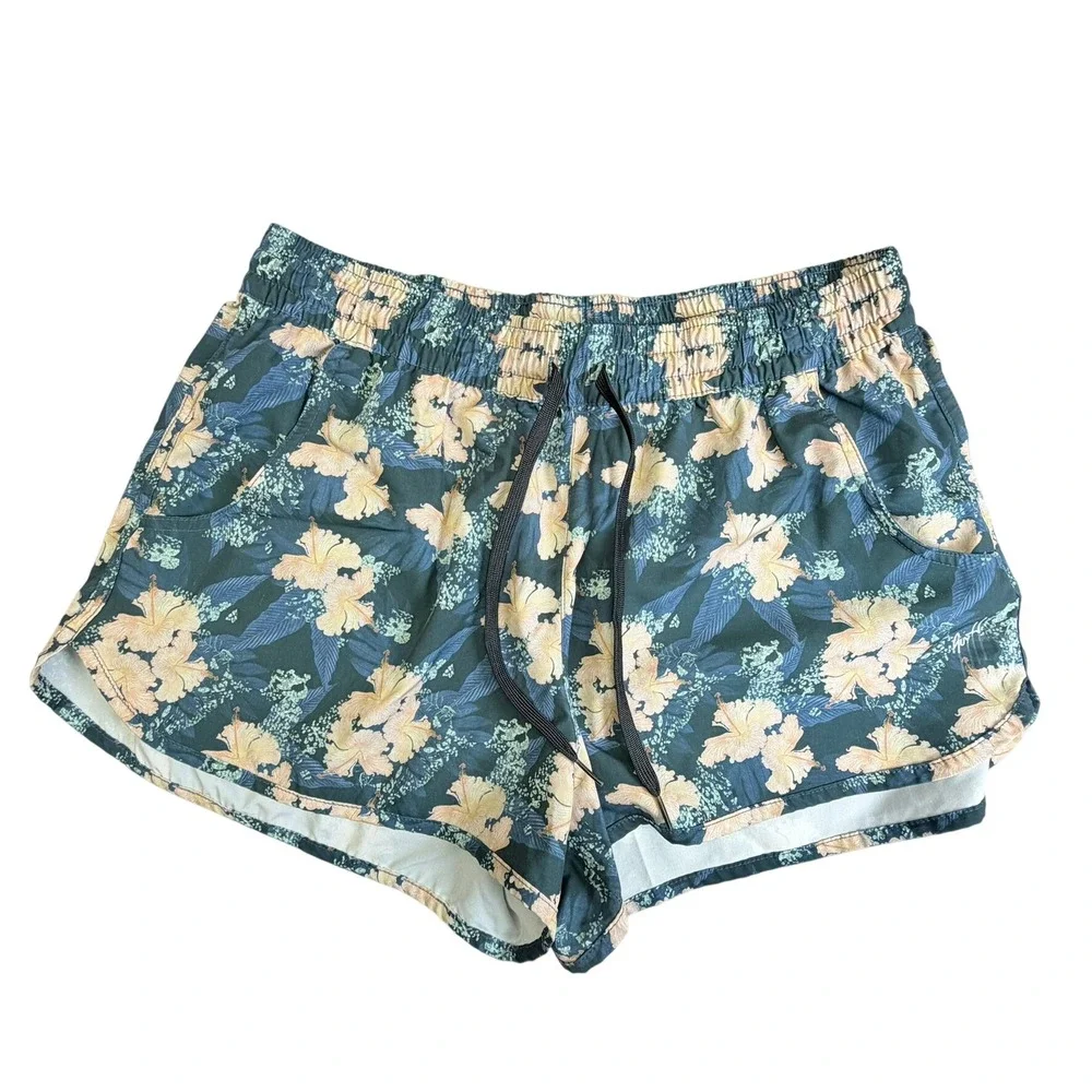 Guy Harvey Board Shorts Women XL Green Floral Hibiscus Drawstring Elastic Waist